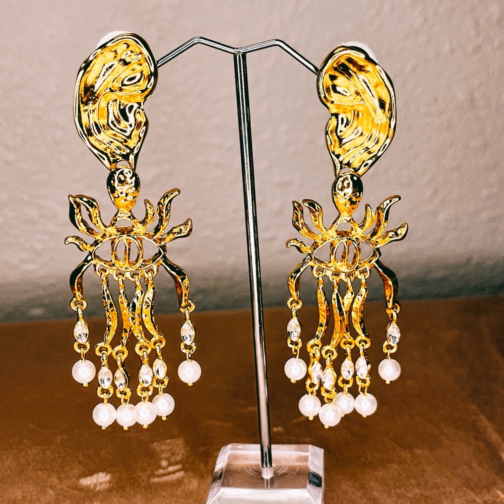Schiaparelli Inspired Gold and Pearl Dangle Earrings